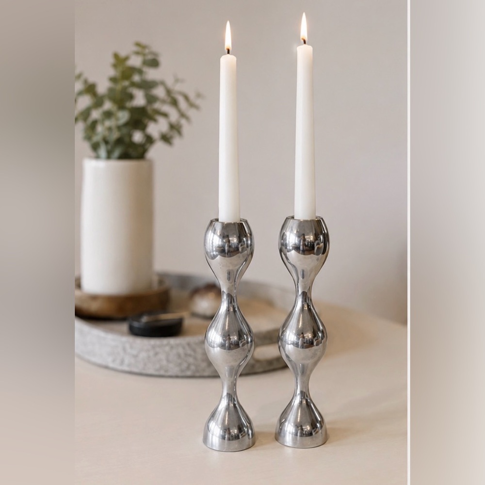 Nambe Sculptural Taper Candleholders – Set of 2